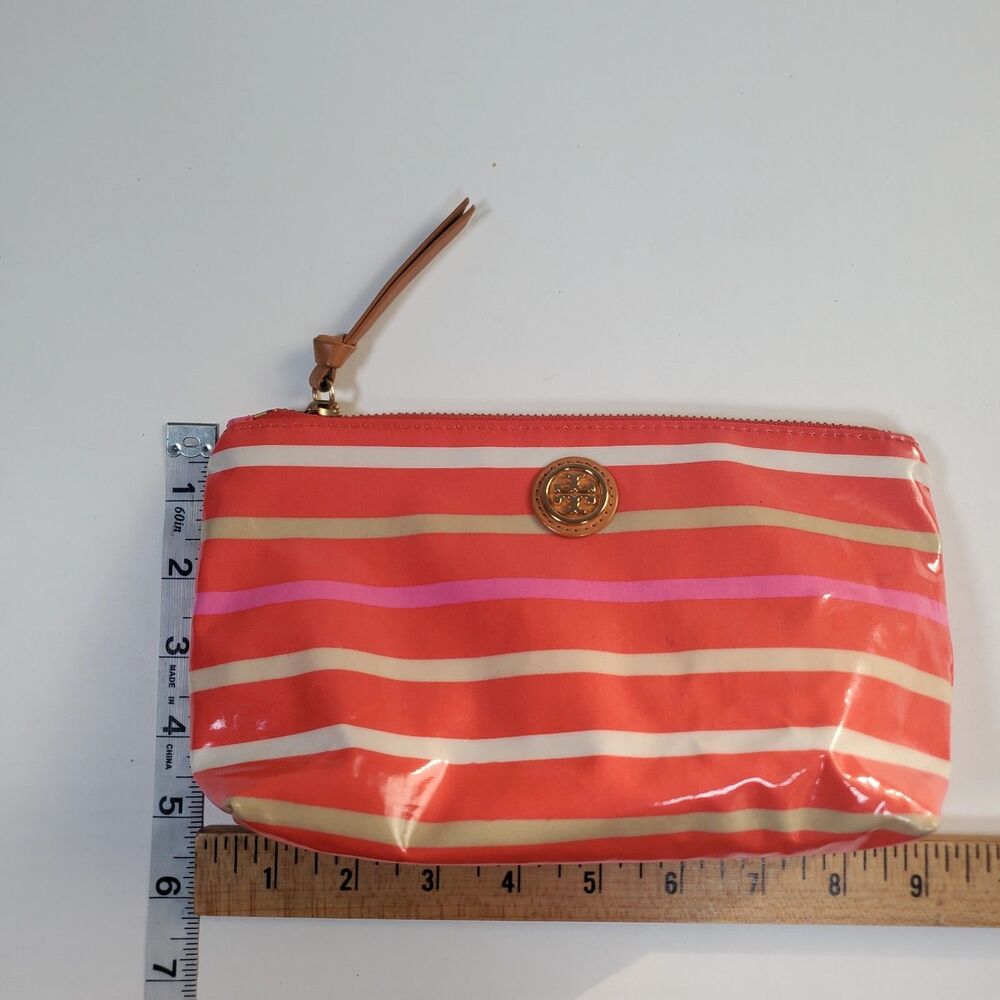Tory Burch Women’s Cosmetic Bag Poppy Red Striped Brigitte Case Zip Log 5x9.25" - Picture 10 of 12